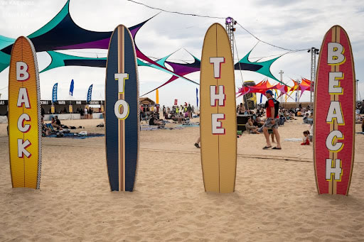 Surfboards propped up on Huntington Beach